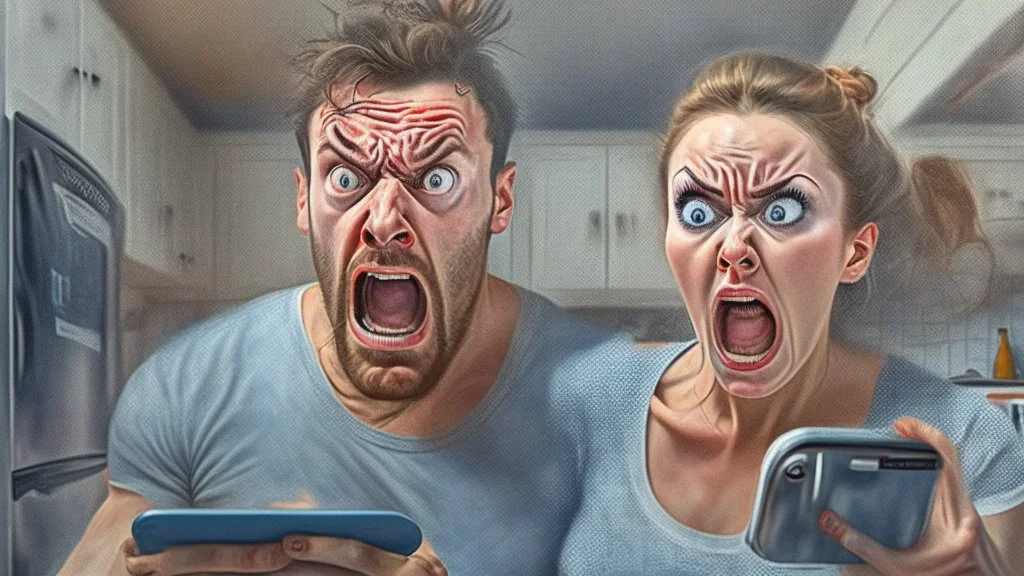 photorealistic man with woman at kitchen on cellphone upset being put on the NO FLY list