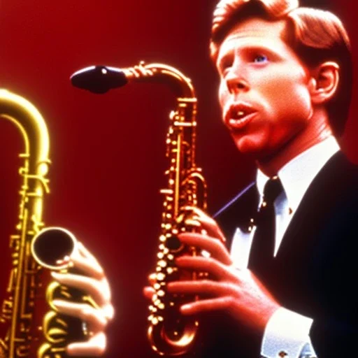 REd-haired Ron howard Is richie from happy days playing the saxophone with his "eyes closed", rock band, embouchure, looking at camera