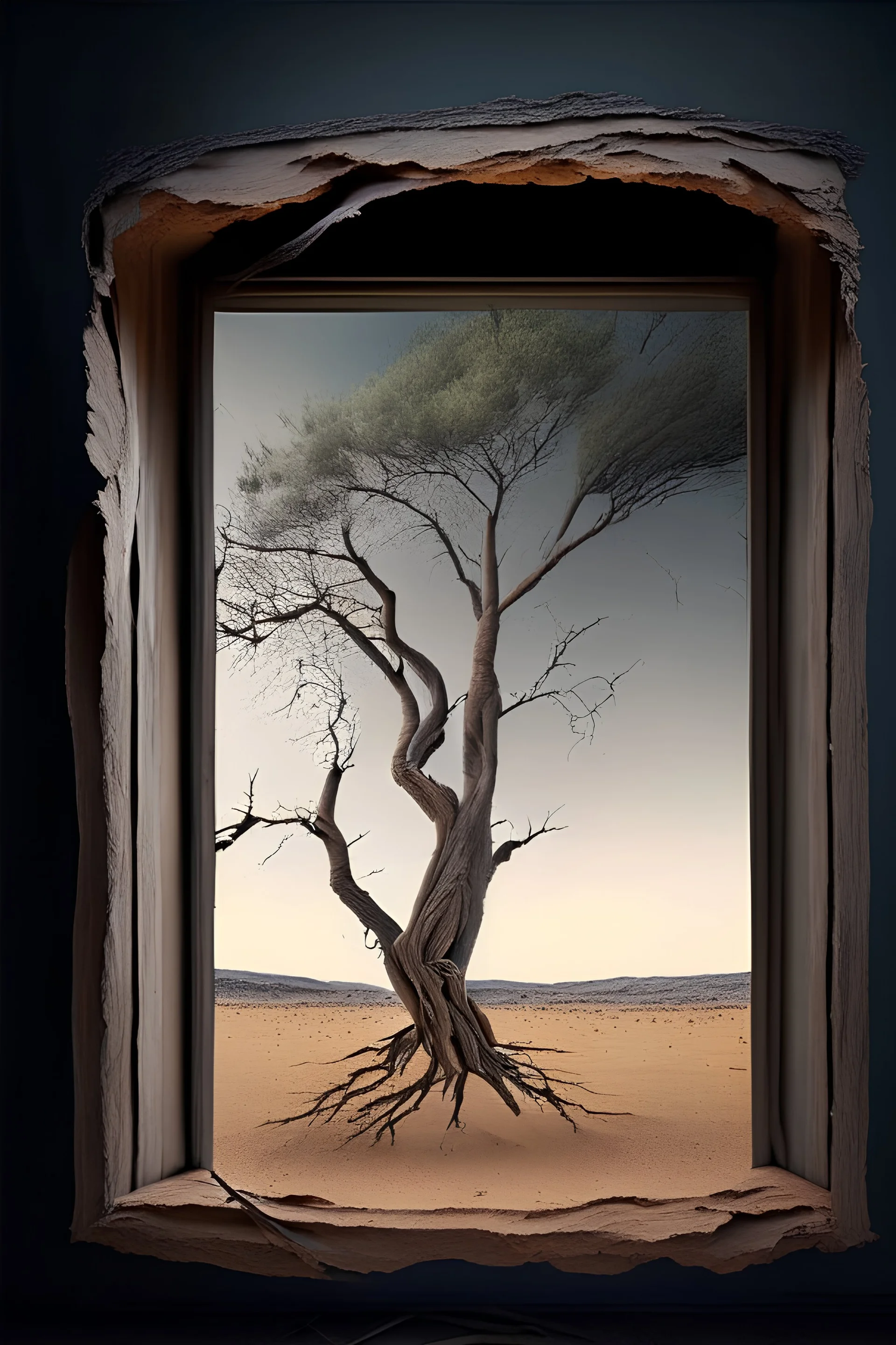 dry tree branch, Extensive deforestation, fewer trees, una ventada suspendida en la nada, a través de la qual se puede observar diferentes mundos