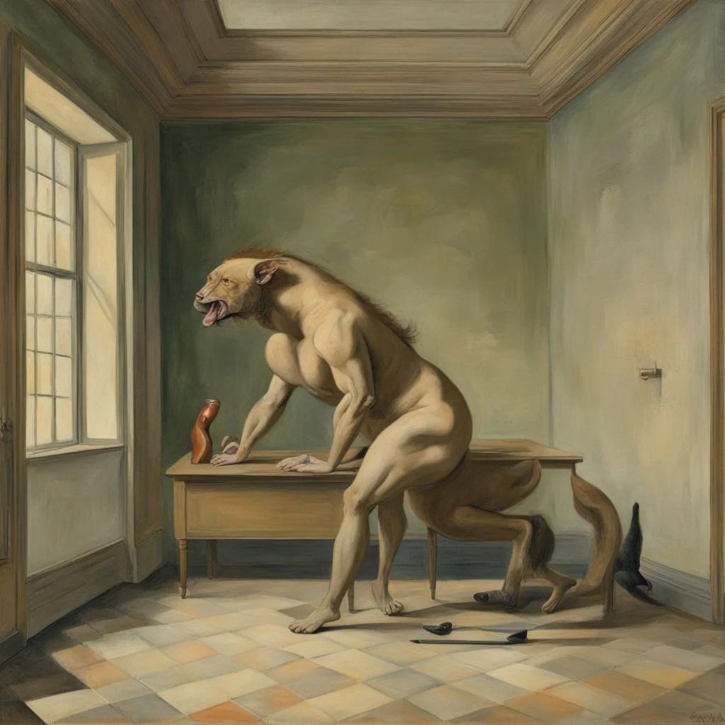 a chimera in a subliminal room, a chimera in a subliminal room, depicted by balthus