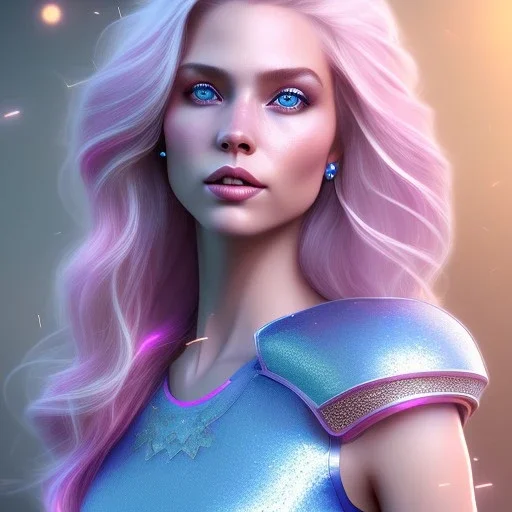 A portrait of a full body crystalised blue pink queen,smiling face, blue eyes, long blond hair, atmospheric, realistic, unreal engine, lighting