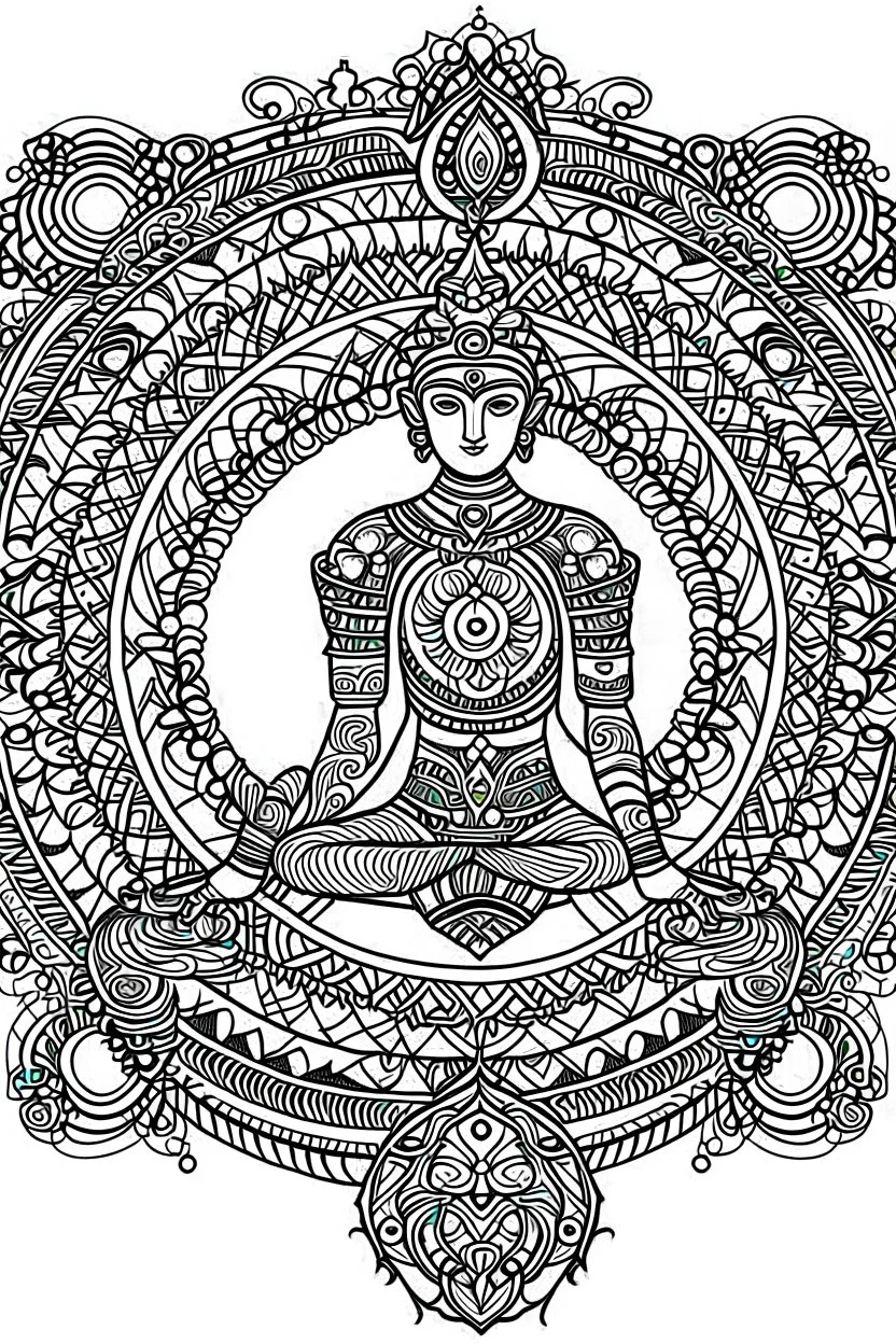 Mandala of the Warrior II Pose with Third Eye Chakra, outlined in black and white with clear, thick lines for an adult coloring book, contour, vector, clean line art, isolated on a white background