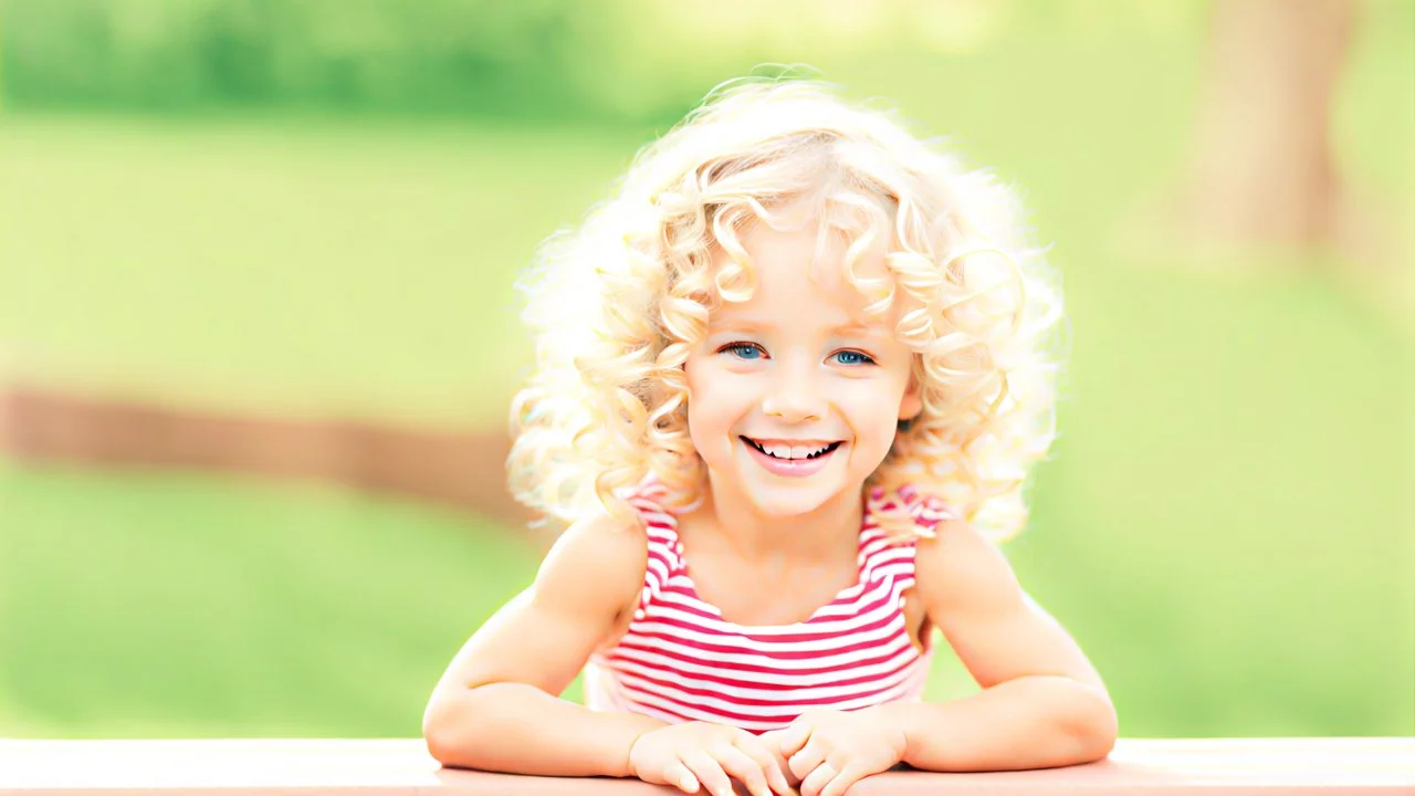 A cute little girl, curly blonde hair, the look on her smiling face.