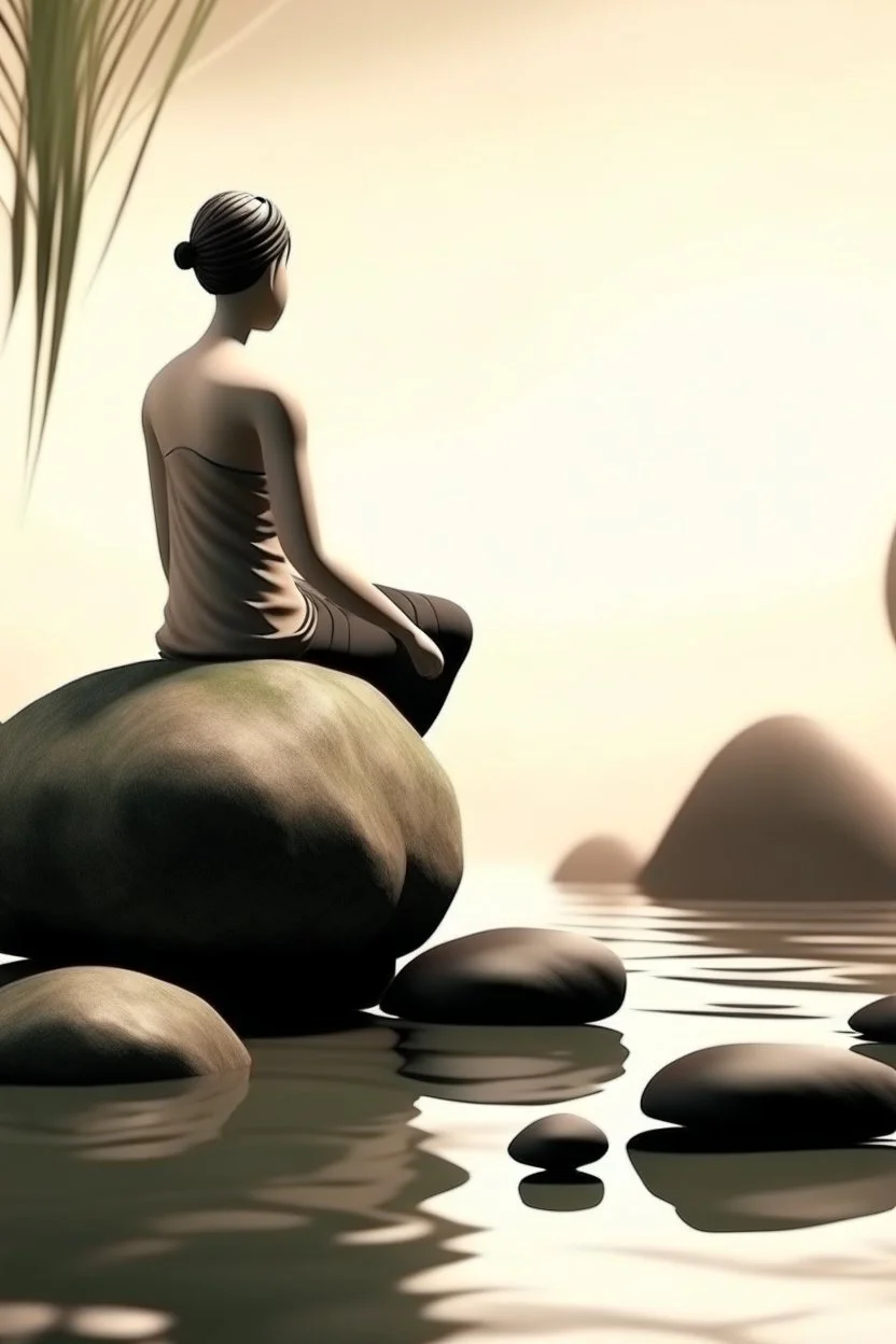 delicate background with spa stones and a bamboo stem, on a blurred background a silhouette of a girl sits on the stones, photorealistic photo