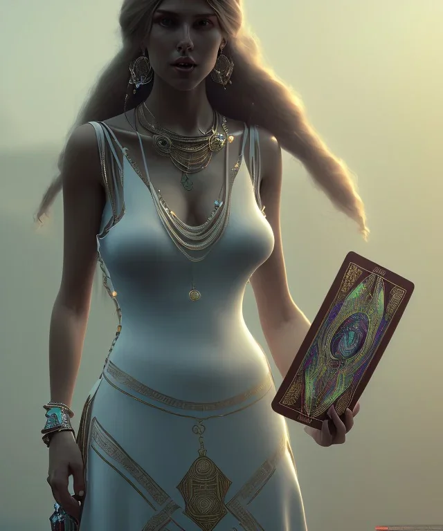 Gipsy, beautiful, curvy body, white fabric dress, beautiful long hair, bandana, long earings, head and shoulders portrait, holding tarot card, 8k resolution concept art portrait by Greg Rutkowski, Unreal Engine 5 volumetric lighting