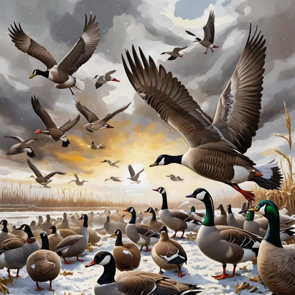 closeup image of a winter field of harvested corn, only the stubs left. scattered across the field are many Hyperrealistic alcohol ink oil illustration. Close up view of Groups of feeding/flying Canadian geese and Mallard ducks. the sky is gray and overcast and there are spots of accumulated snow. There is a lake and trees in the background. Natural colors. A cold feeling with a winter wind blowing and a strong winter sunset. Surreal mixed-media in the style of Thomas Kinkade, Norman Rockwell, a