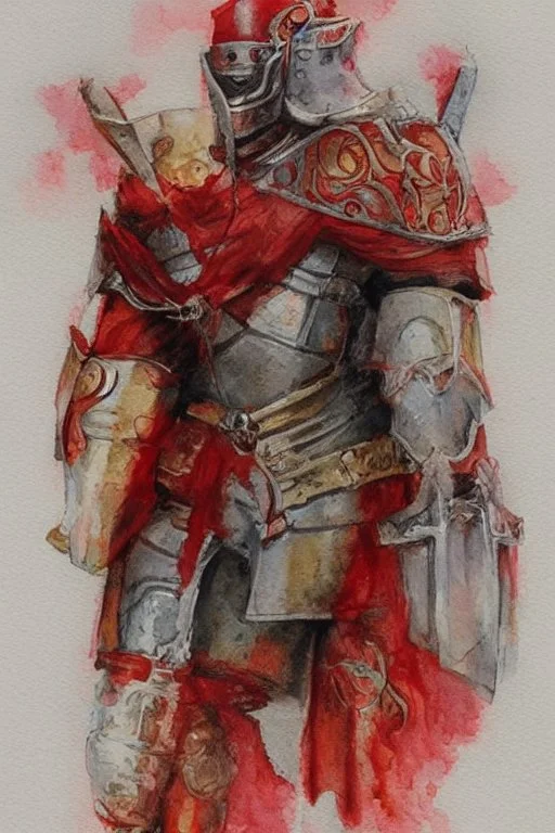 dnd, fantasy, watercolour, illustration, red phantom, knight, plate armour, all red, transparent, veins of golden light