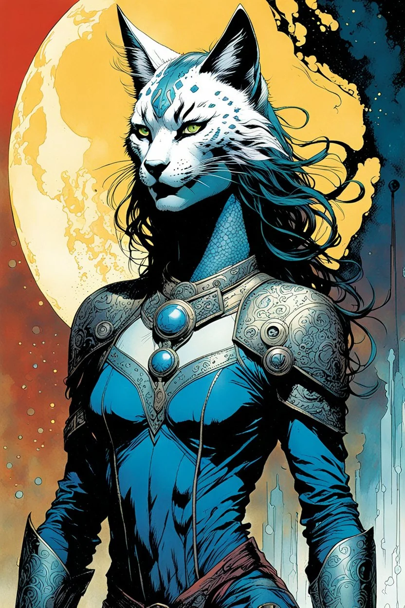 create an ethereal, otherworldly anthropomorphic Lynx woman , in the comic book art style of Mike Mignola, Bill Sienkiewicz, and Jean Giraud Moebius, with highly detailed and finely inked , dramatic natural lighting