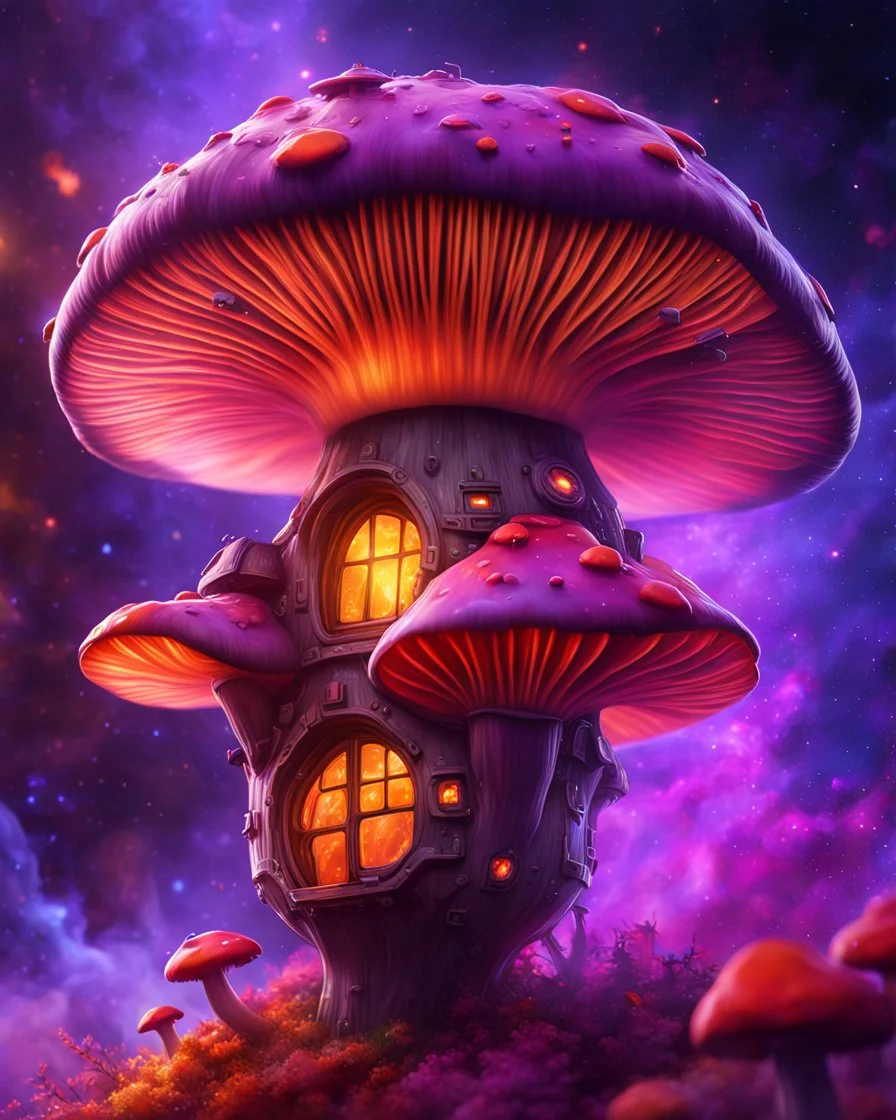 A floating island mushroom house in space. purple red orange cosmic, deep space nebulas. Detailed gloss Painting, bright color, fantastical, intricate detail, splash screen, hyperdetailed, insane depth, concept art, 8k resolution, trending on Artstation, Unreal Engine 5, color depth, backlit, splash art, dramatic, High Quality Whimsical Fun Imaginative, good composition