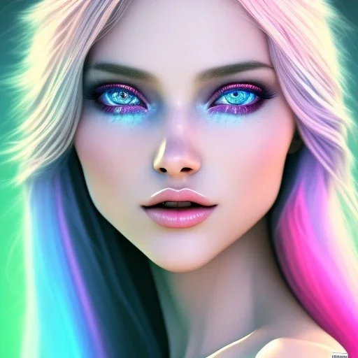 beautiful, soft, smiling face, whole head, long straight blonde hair blues eyes, crown on the head, clothing in transparent bluish and pink veil, background brillante bluish and pink, hight definition, 8K