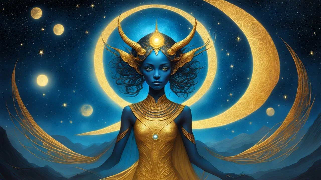 The goddess appears on a starry night. Her eyes glow with an unearthly hue, and her antennae move delicately in the void of space. The body, shrouded in a golden aura, glows, reflects the light of the surrounding stars. Blue, Despite her alien appearance, her beauty is almost otherworldly, conveying a sense of calm and mystery.