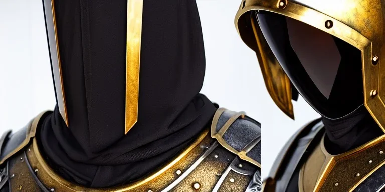 apocalypse, chaotic, magnificent, realistic, colorful, massive, epic, ray tracing, cinematic, 8k, HD, Ultra High Definition, photo film, film grain, hyper-detailed, old tarnished ornate rusty Hyper detailed Gold Gothic Medieval Knight helmet with opaque glass visor covering face and matching suit of armor, background with prison