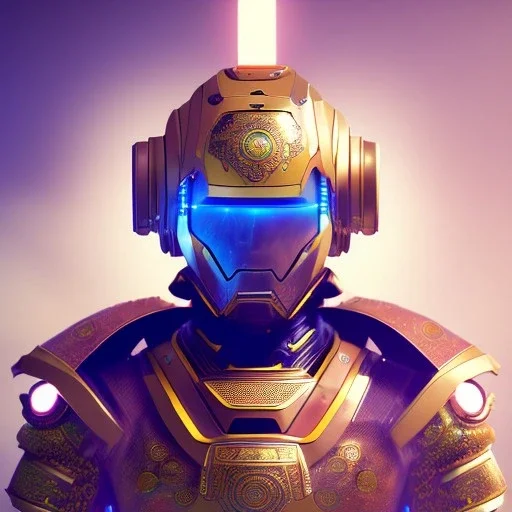 A portrait of a crystalised robot samurai with yakuza tatu, atmospheric, realistic, unreal engine cosmic galactic, cinematic lighting, octane render, transparent,bleu yellow light