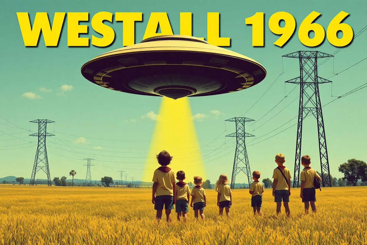bumper sticker design, stange large flat ufo, in bold heading text "WESTALL 1966", lots of school children looking up in a field, high voltage powerlines and gumtree's in distance, mysterious summer vibe, bold