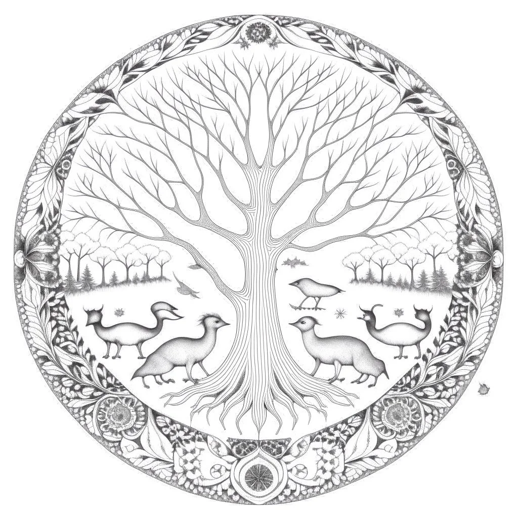 coloring page: A intricate mandala featuring various animals intertwined within the branches of a giant tree, symbolizing the interconnectedness of all living creatures.