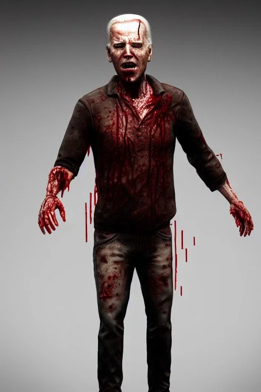 realistic image, joe biden zombie, zombie posing, arm cut and bleeding, amputated leg, night, walking with a limp, waist up view, dark ambient, highly detailed, sky background, concept art, unreal engine 5, god rays, ray tracing, RTX, lumen lighting, ultra detail, volumetric lighting, 3d, finely drawn, high definition, high resolution.