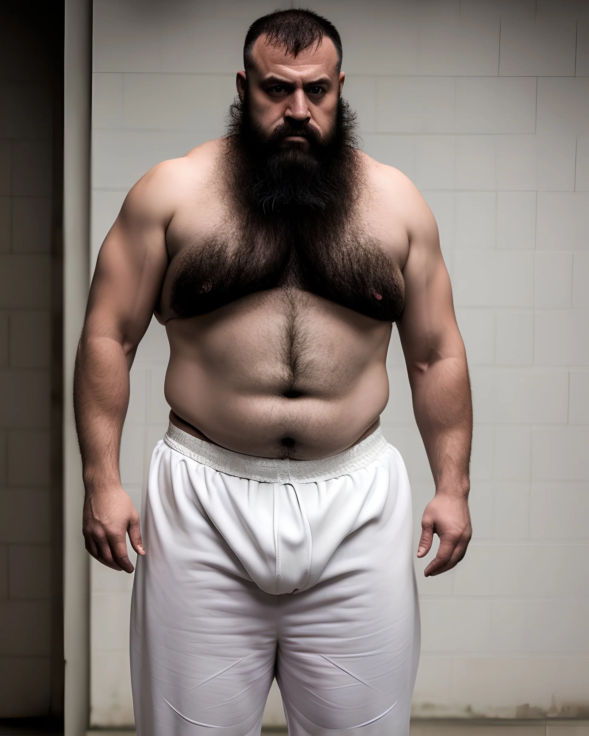 full figure shot photography of a burly chubby turkish prisoner , 55 years old shirtless in white dirty pants, long beard, long hair , in a dark prison, dirty, ugly, bullneck, muscular, manly chest, shirtless, bulge, misery and poverty, emotive eyes, photorealistic, ultradetailed, 32k, side view from below, dim light