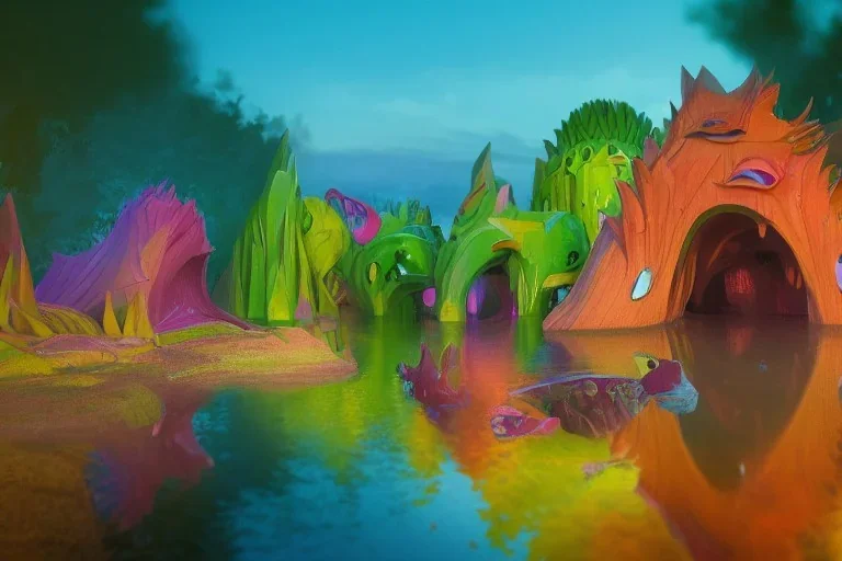 of a colorful lakeside with strange cute friendly creatures with huge eyes, mouth, long tongue and round teeth appearing from the waters, in the style of gehry and gaudi, macro lens, highly detailed, shallow depth of fielf, digital painting, trending artstation, concept art, illustration, cinematic lighting, vibrant colors, photorealism, epic, octane render