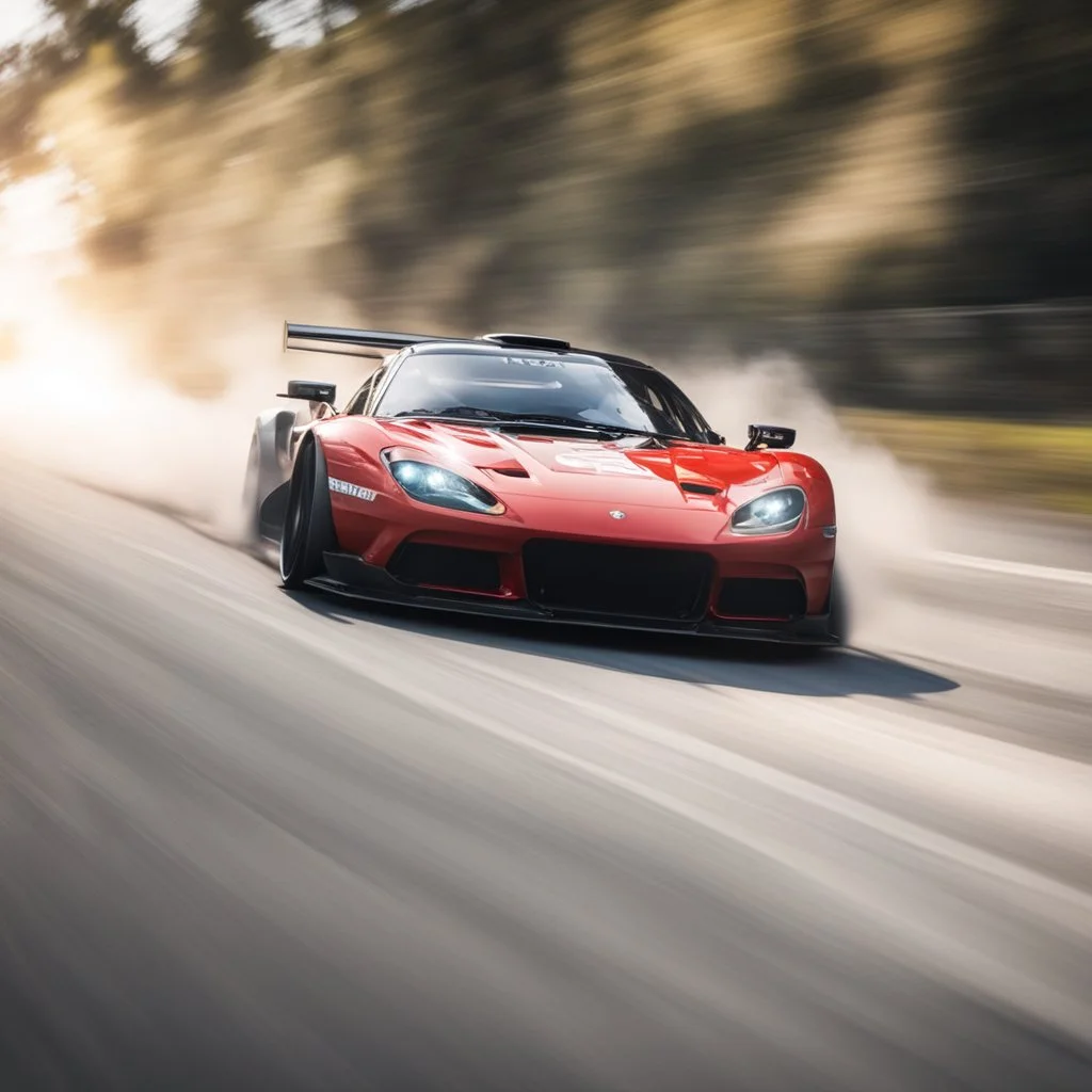 Facing front Sports car drifting around a corner, motion blur, narrow depth of field, lens flare, dynamic angle, asphalt spray, high octane energy