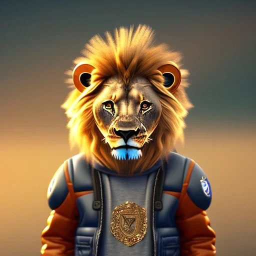 Lion toddler, smile, steampunk headphone, sunglass, gangsta neckless, full body, orange puffer jacket, tokio background, dramatic lighting, hyper realistic, unreal engine 5, 16k