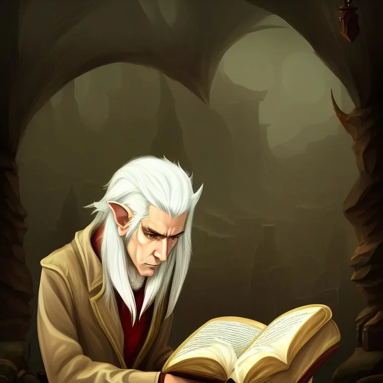 portrait of one single calm elf with white hair in beige coat reading a huge book, fantasy character art, concept art, somber, gloomy lighting, 3d concept art, stylized