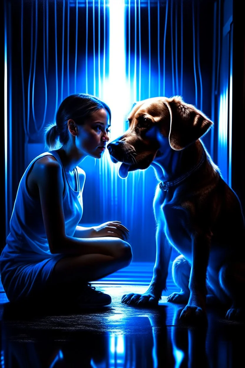 portrait of dog pissing on karate girl in the style of giger, spraypaint, photorealism, trending on artstation, 8k, depth of field, downlight, lightrays, volumetric, white hall podium, brown and blue