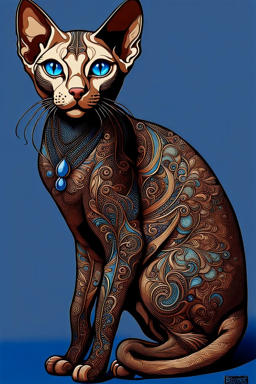 art by Boris Kostygov, intricate detailed Sphynx siamese cat with blue eyes