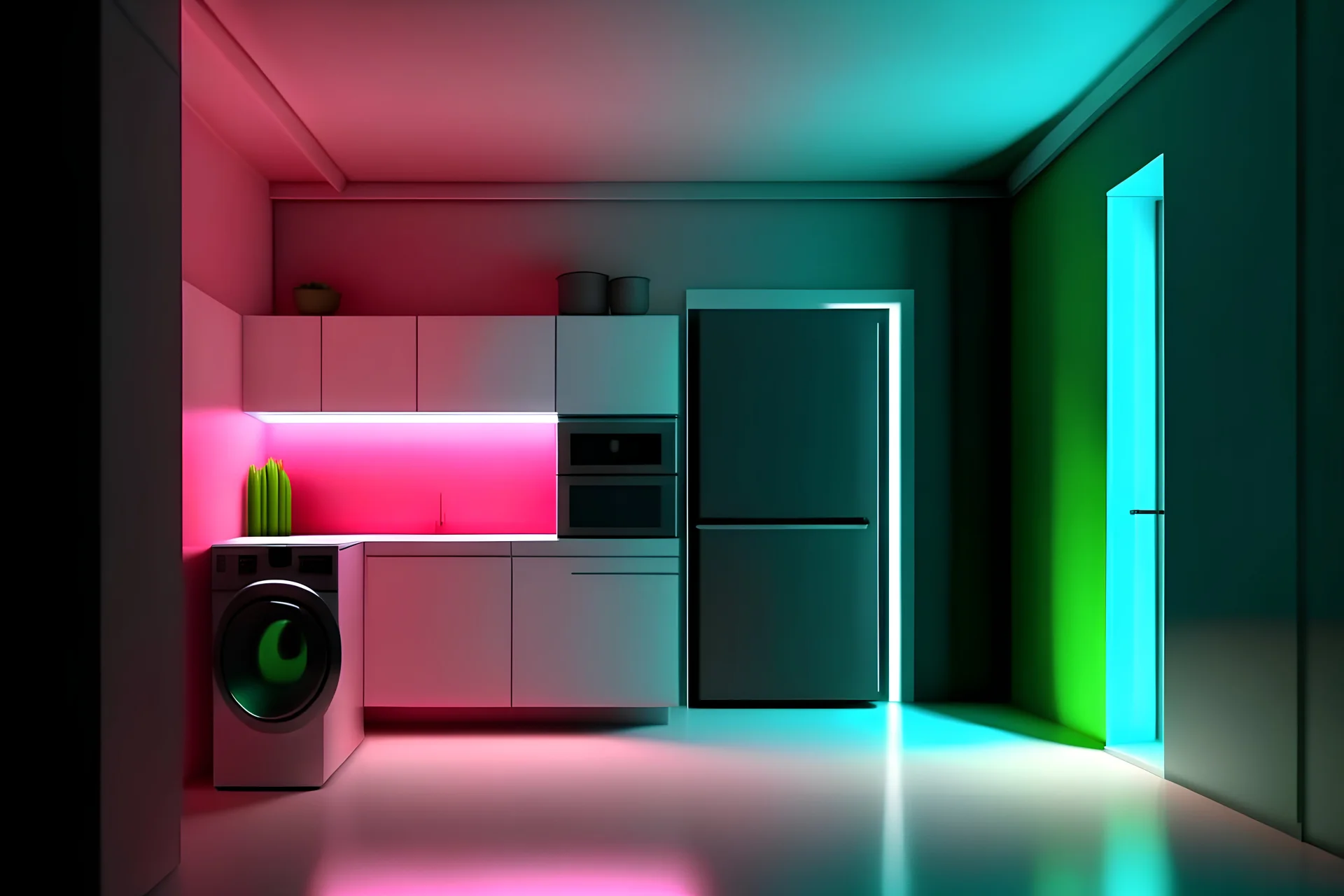 modern minimalistic utility room, hyperrealistic 16k, 3d rendering, expressively detailed, dynamic light, neon lighting