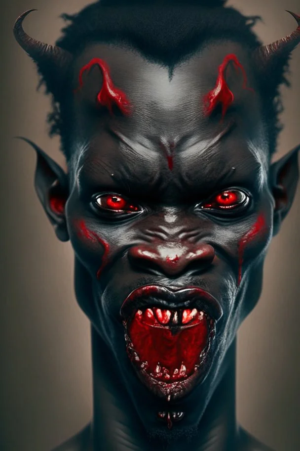 Portrait of a demon with black skin, no eyes, a long red tongue