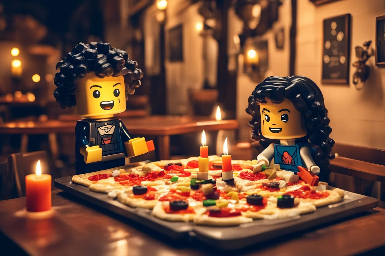 blonde lego girl and curly black haired lego boy eating lego pizza in an italian restaurant in candlelight