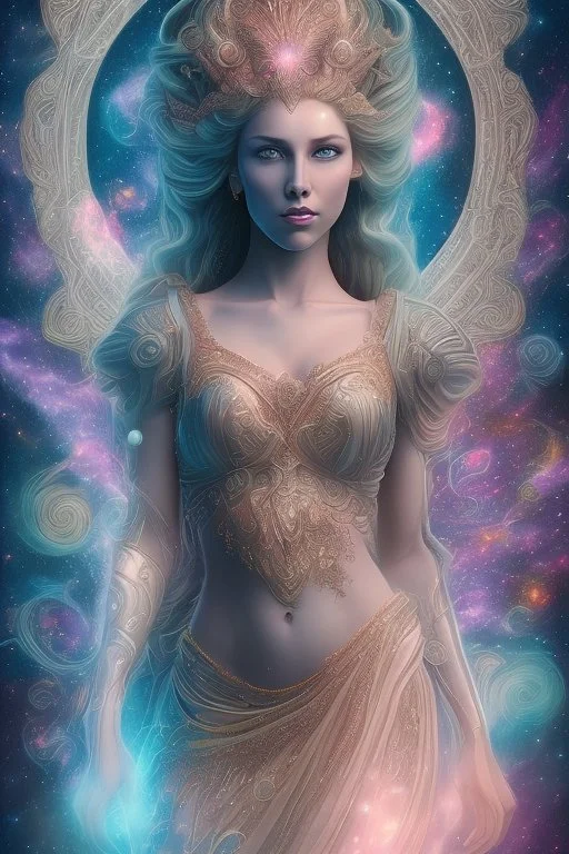 Create an image of a full body cosmic Goddess. The goddess should be depicted as a beautiful and powerful figure, surrounded by cosmic stars. Her hair should be long, blond and flowing, and she should be dressed in a flowing gown blue celestial robe. In the background, include imagery of pink flowers, blue sky,trees. The image should evoke a sense of joy, celebration, and spiritual connection to nature.