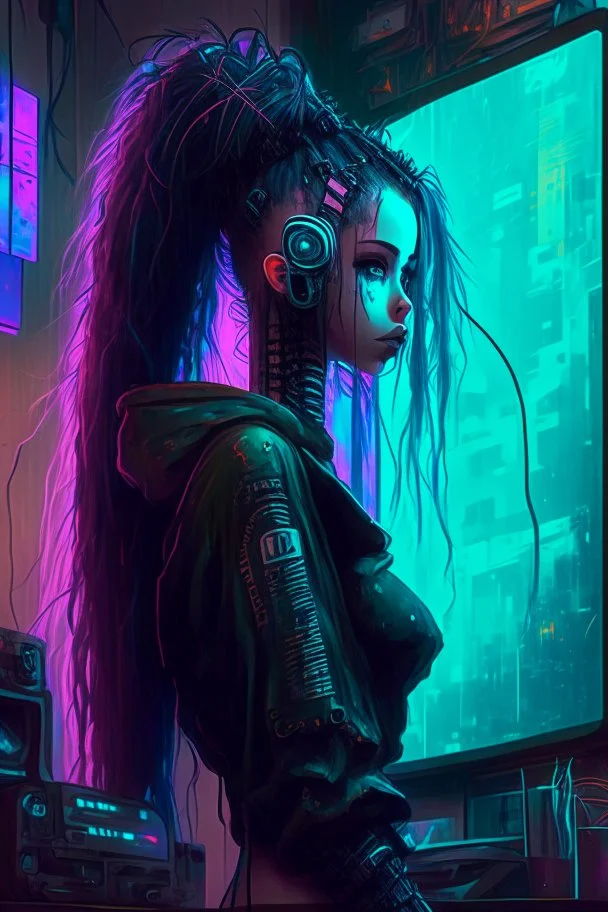 Cyberpunk girl name Orical, in a room with five live video feeds