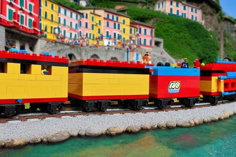 Lego close up Train in lego riomaggiore italy sea town lego