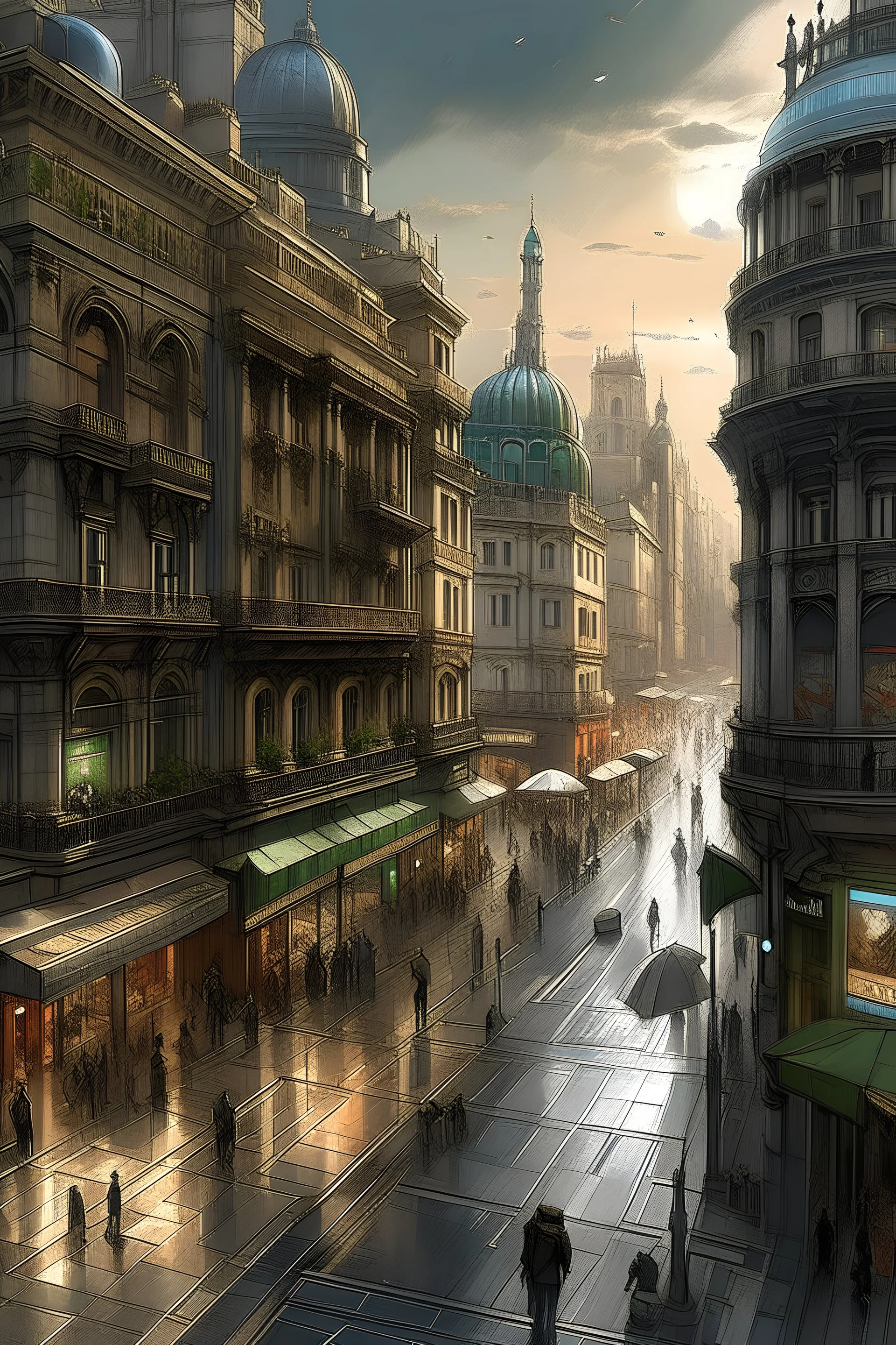 Highly detailed concept art. Cyberpunk gran via, Madrid