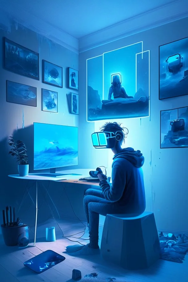 Metaverse artist 3d character seating in front of computer and make something on their screen wear VR Box a blue fog volume light coming from side window realistic interior with lot of technology gadgets some painting and poster on wall.
