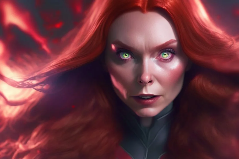 Wanda Maximoff, mulher, cabelos ruivos, olhos vermelhos brilhantes, de lado destruindo algo com sua magia vermelha, traje da feiticeira escarlate, dramatico, 4k render, imagem cinematográfica. Cores frias,