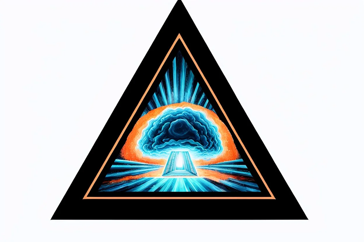 a nuclear explosion cloud, behind an orange glowing omega like shape, all inside an equilateral triangle like a doorway to a different world, radiant lines, digital painting