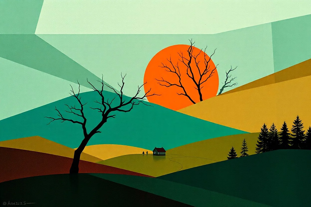 create a high-resolution abstract landscape with translucent geometric shapes, vibrant orange sun, silhouetted bare tree, deep teals and earthy greens, evergreens and small distant house, rich modernist style, print-ready detail --ar 2:3 --v 7 --style raw --quality 2 --hd --style artistic