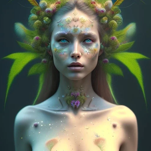 Portrait of beautiful girl, face dept of field,face shining, plant, metal, feathers,central weight average, CWA Dryad, fae, sidhe, ominous, nature, plants, wildflower sparkle,wildflower 3d view, facepaint, dnd character portrait, intricate, oil on canvas, masterpiece, expert, insanely detailed, 4k resolution, retroanime style, cute big circular reflective eyes, cinematic smooth, intricate detail , soft smooth lighting, soft pastel colors, painted Renaissance style,sharp fucus, bokeh,macro lens,