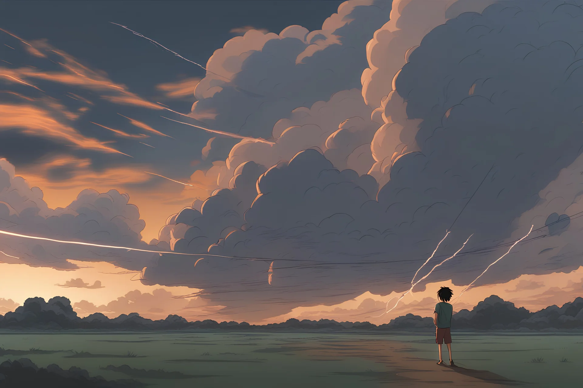 Anime teen guy flying a kite in a hurricane monsoon typhoon lightning clouds sunset