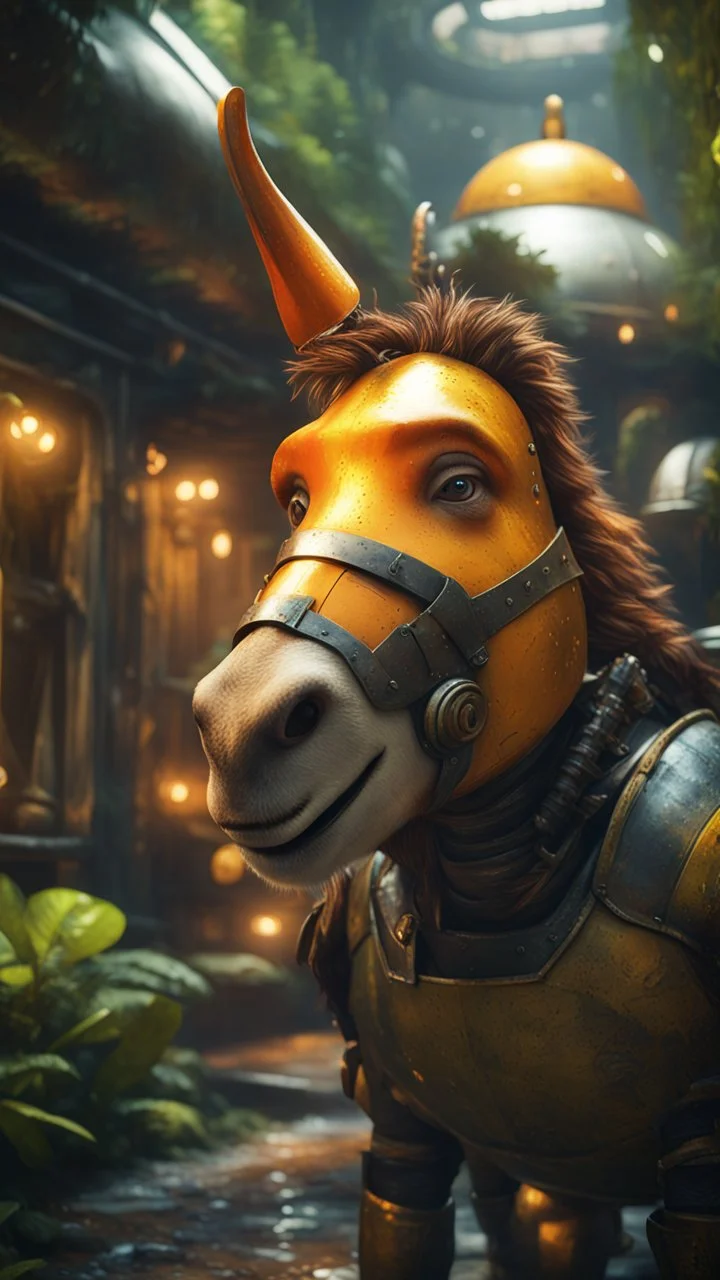 close up, magazine cover, metallic yellow orange donkey turtle chivalry knight with friendly cute face and hair locks in dark lit reflective wet jungle metallic hall dome hotel tunnel, in the style of fallout 4 game,bokeh like f/0.8, tilt-shift lens 8k, high detail, smooth render, down-light, unreal engine, prize winning