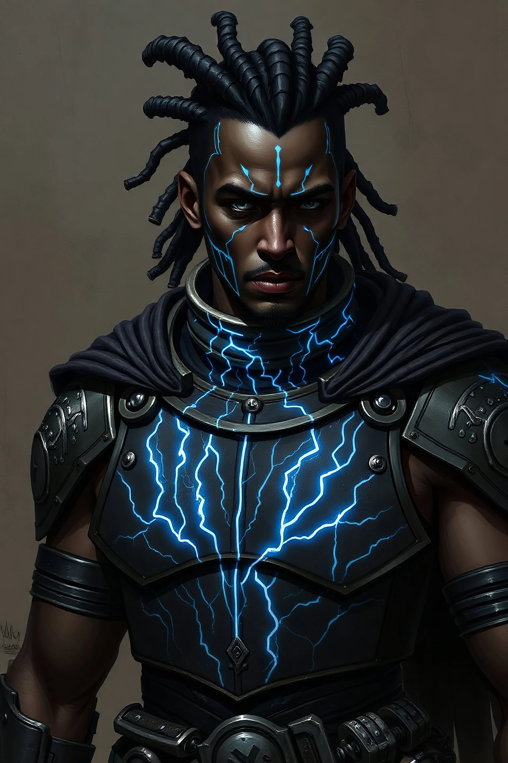 dnd, male earth genasi, dark coloured skin, electric circuit tattoo with straight lines, heavily armored, breastplate, fully covered