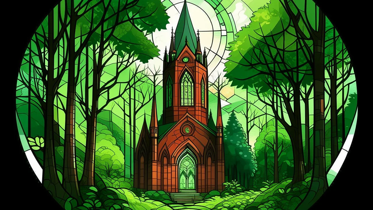 This is a digital illustration in a clean, modern art style, depicting a serene church scene set in a lush, green forest. The focal point is a red-brick church with a tall, pointed steeple topped with a cross, which stands prominently in the background. The church features a large, circular stained-glass window with intricate patterns near the front entrance, and its walls are adorned with small, arched windows. The steeple and the church's roof are silver, adding a contrast to the vibrant red b