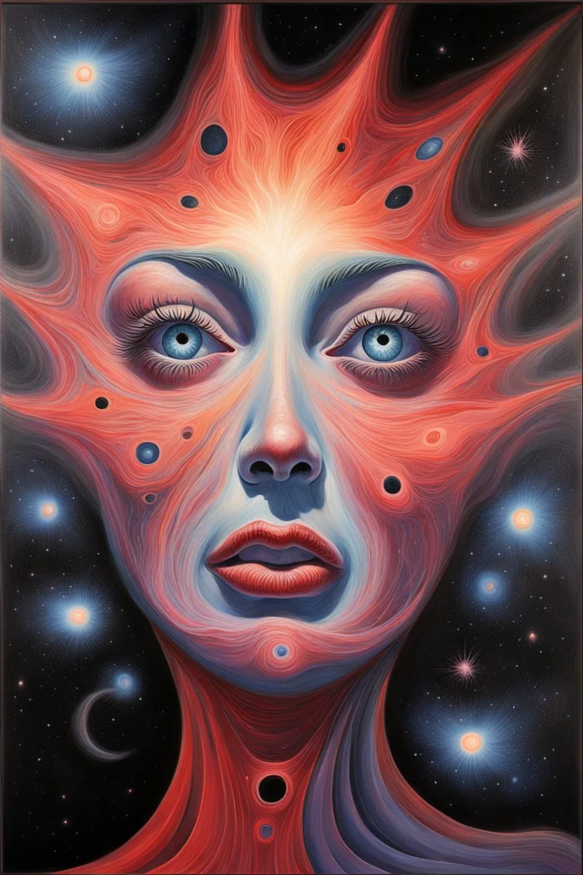Busch painting style A big scary face out of A nightmare from light." Stars are holes in the fabric of reality, from which a blinding, painful light pours. Nebulae resemble phantasmagorical visions.