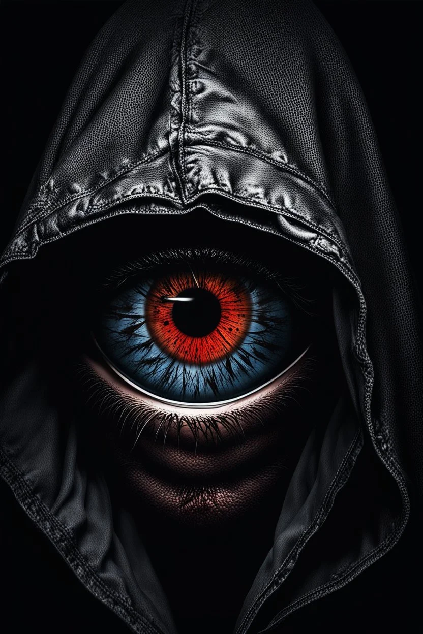 The image vividly captures a close-up of a human eye with the reflection of a hooded figure holding a knife. Dramatic, volumetric lighting on the face, scary, the scene is filled with tension, emphasizing the sharp contrast between fear and evil. The detailed reflection of the hooded killer figure in the tearful eye conveys a deep sense of impending fateful encounter and a tense, terrifying, thriller atmosphere.