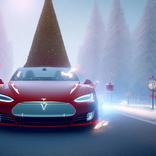 Santa claus driving his red Tesla convertible car, character design by cory loftis, fenghua zhong, ryohei hase, ismail inceoglu and ruan jia. unreal engine 5, artistic lighting, highly detailed, photorealistic, fantasy