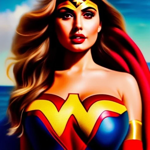 Ultra detailed fullbody Portrait in oil on canvas of busty Ana de Armas as Wonderwoman ,wearing a skintight wet suit,big areola extremely detailed digital painting,extremely detailed face,crystal clear Big eyes, mystical colors ,perfectly centered image, perfect composition, rim light, beautiful lighting,masterpiece,8k, stunning scene, raytracing, anatomically correct, in the style of Wizyakuza and robert e howard and InHyuk Lee and Ohrai Noriyoshi and Simon Bisley.