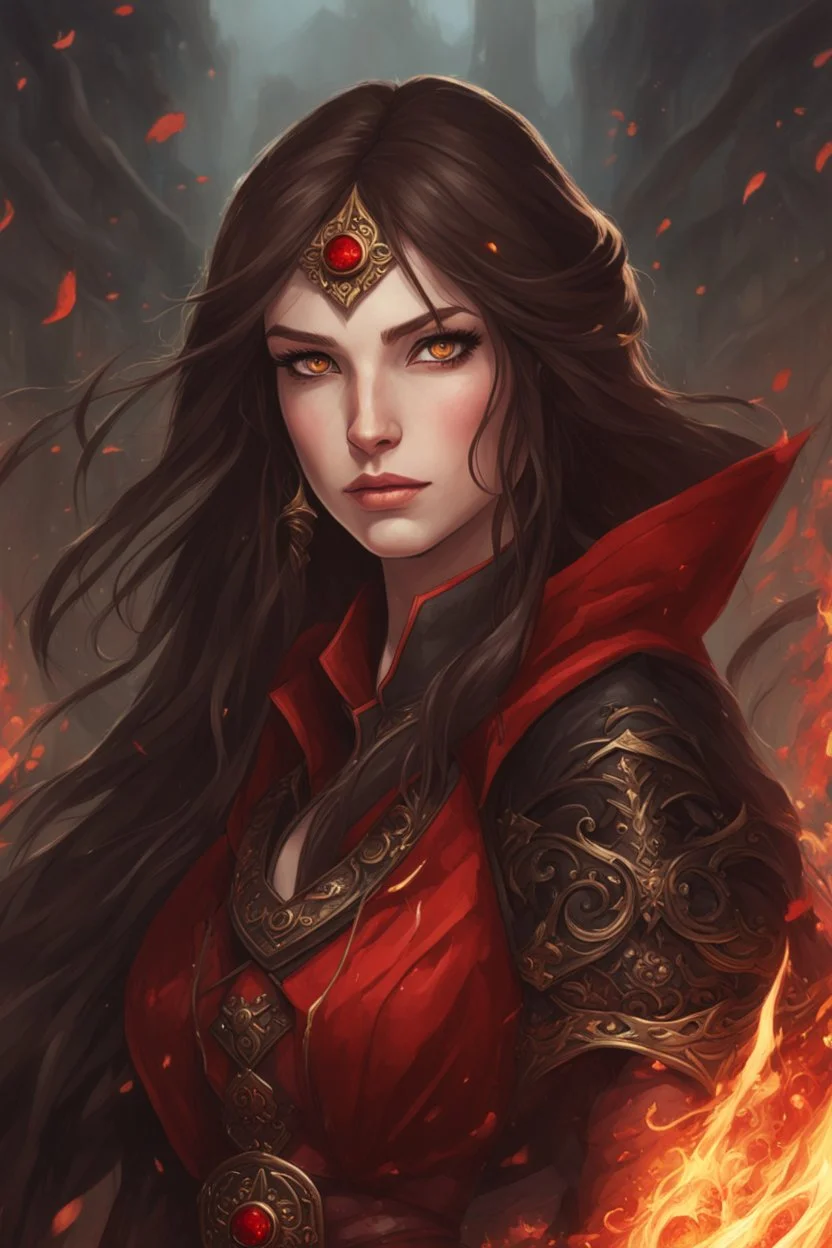 A confident looking young woman with pale skin and long brown hair in a fantasy setting with intricate details. She is wearing black and red, has red eyes, an air of malevolent power surrounds her. She is a fire mage. Anime style. High definition, Greg Rutkowski