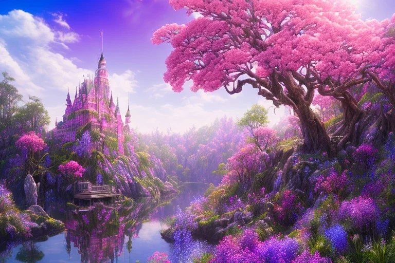 luminous pink castle, on the mountain, sun,swanns,waterfall, BLUE LAKE, SWANNs,fuksia bugainvillier flowers, jacaranda violet trees, sky pink blue, full of details, smooth, bright sunshine，soft light atmosphere, light effect，vaporwave colorful, concept art, smooth, extremely sharp detail, finely tuned detail, ultra high definition, 8 k, unreal engine 5, ultra sharp focus