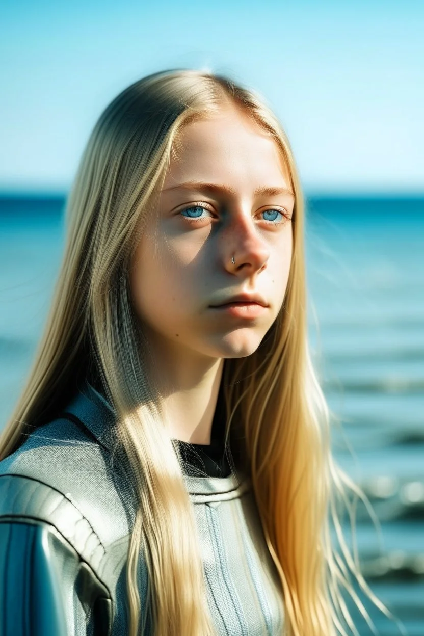 portrait of a 16 year old caucasian woman with chin long blond hair, water-blue eyes, futuristic style standing next to the sea